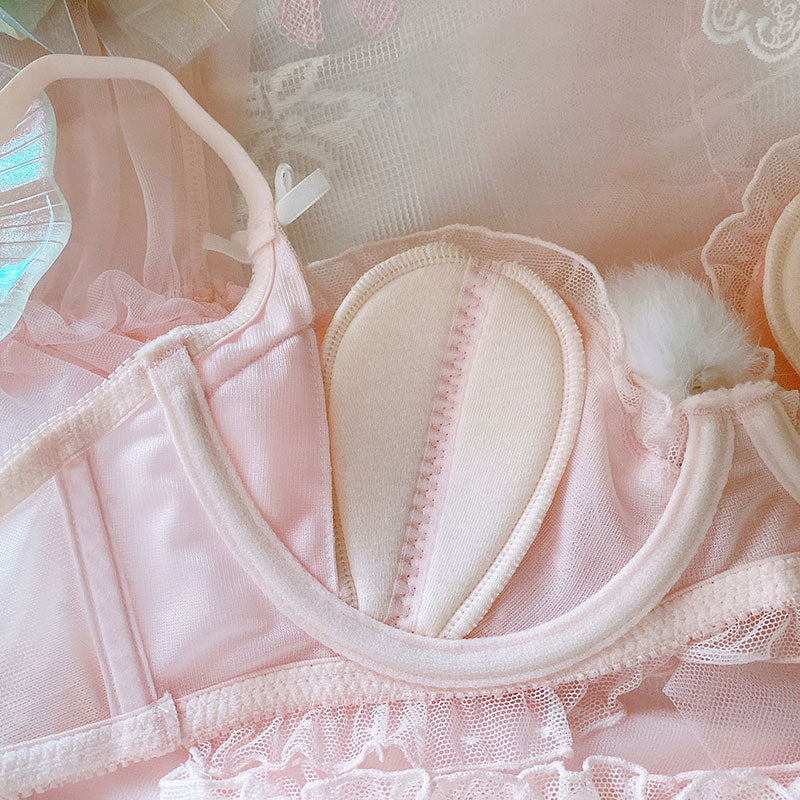 Japanese cute fur ball rabbit tail pink girl sexy lace ultra-thin steel ring suit