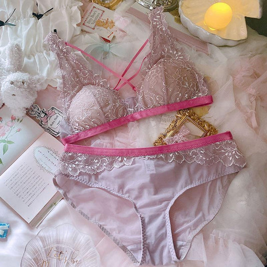 Pink and purple sexy girl lace cross beautiful back underwear no steel ring triangle cup bra set