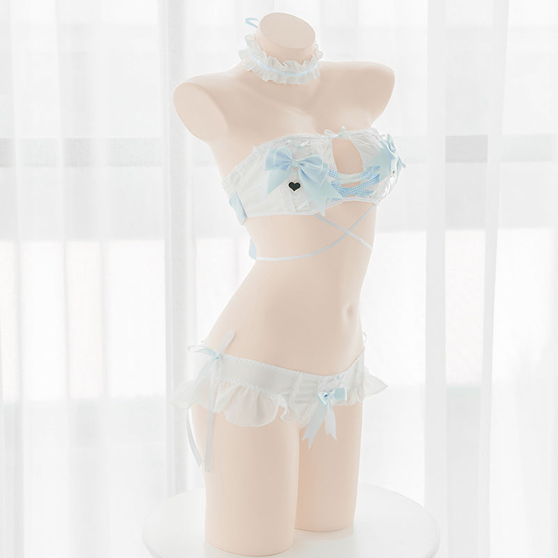 Sexy Hollow Bundled Cute Blue Bow Underwear Suit