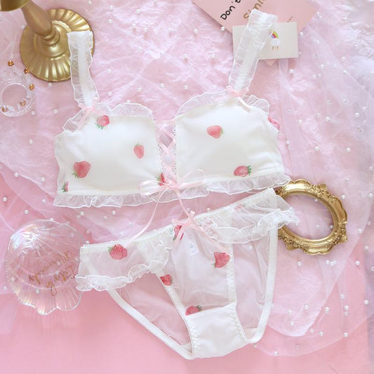Kawaii Girly Erdbeer-Schlauch-Top-Dessous-Set mit Schnürung 