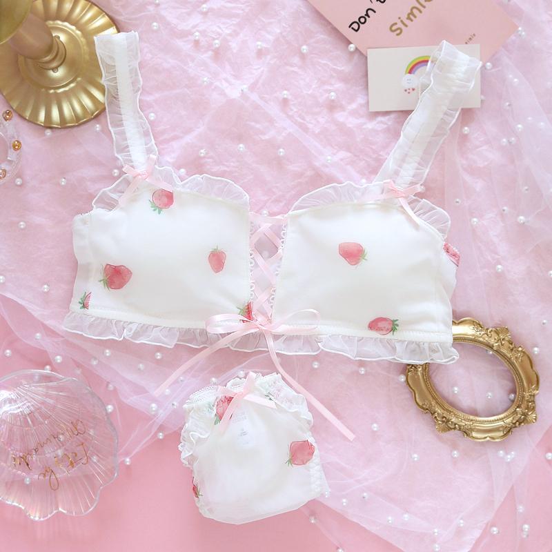 Kawaii Girly Strawberry Lace Up Tube Top Lingerie Set