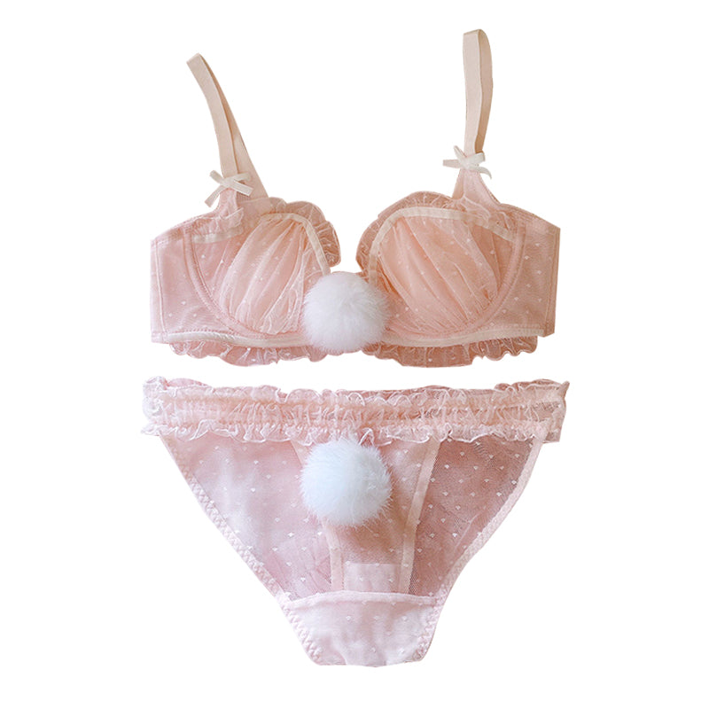 Japanese cute fur ball rabbit tail pink girl sexy lace ultra-thin steel ring suit