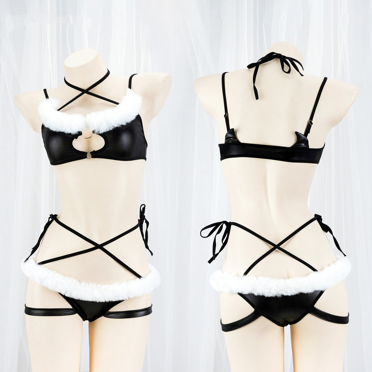Black Leather Kawaii Devil Art Swings Lingerie Set
