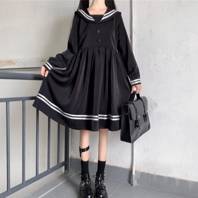 Dark sweet girl navy collar high waist slim long sleeve dress