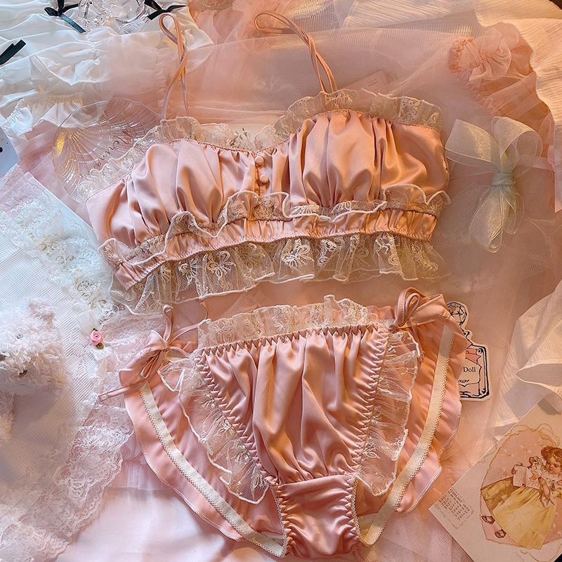 Japanese girl retro palace style flower lace sexy no steel ring bra set