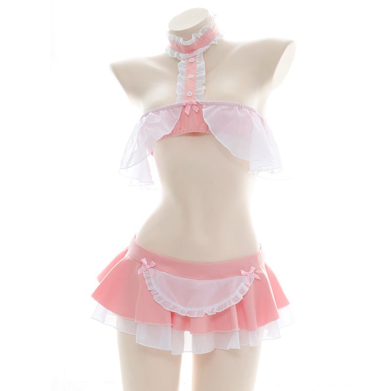 Rüschen Rosa Anime Kawaii Japanisches Halsband Schürze Dienstmädchen Bikini Set 