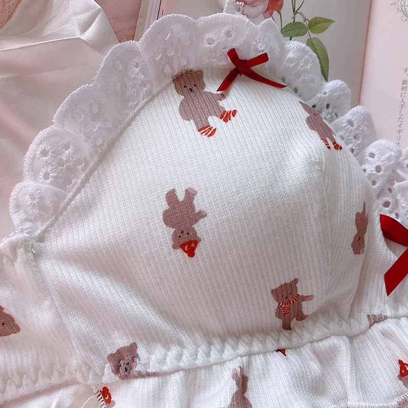 Sofyee  Japanese Soft Girl Cute Teddy Bear Print Lotus Leaf Without Steel Ring Suit