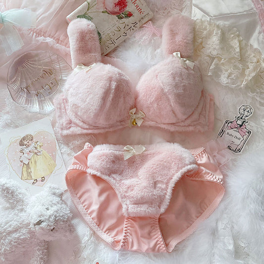 Sofyee Japanese Cute Pink Plush Rabbit Ears Underwire Plus Size Bra Set