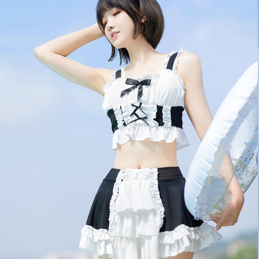 Japanese Cute Ruffle Pink Flower Swimsuit