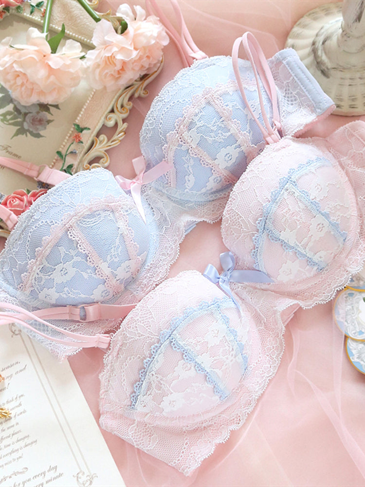 Japanisches süßes und süßes Spitzen-Mädchenherz-kleines, frisches und dünnes BH-Set mit gerafftem Stahlring 