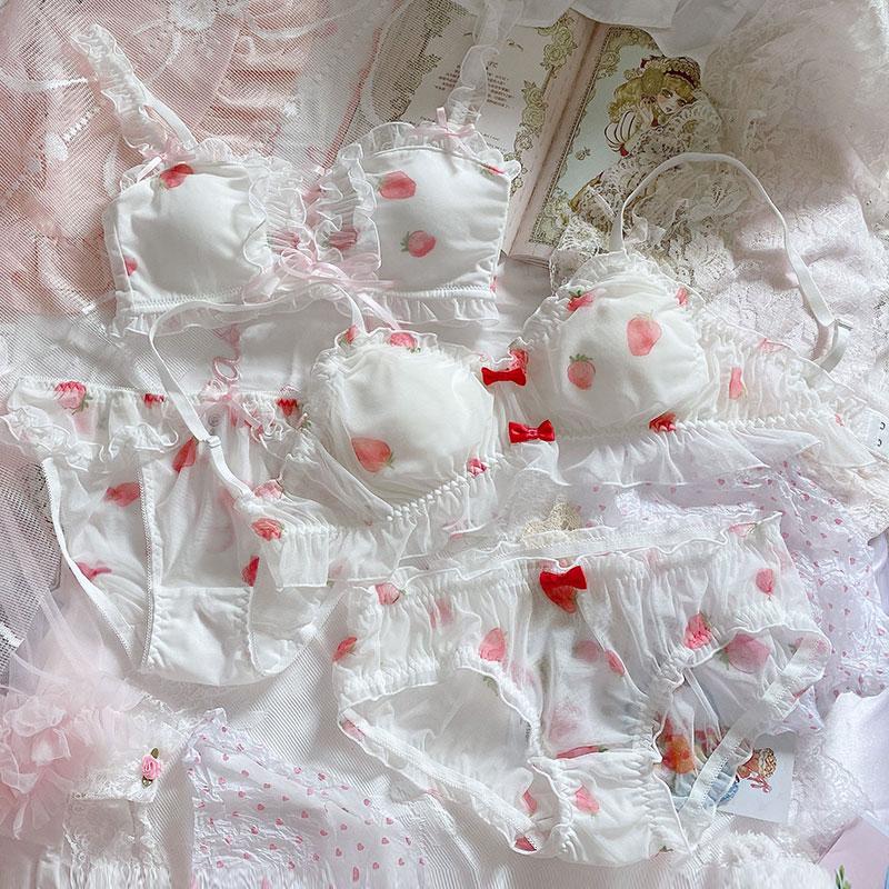 Sexy mesh strawberry underwear without steel ring triangle cup bra set