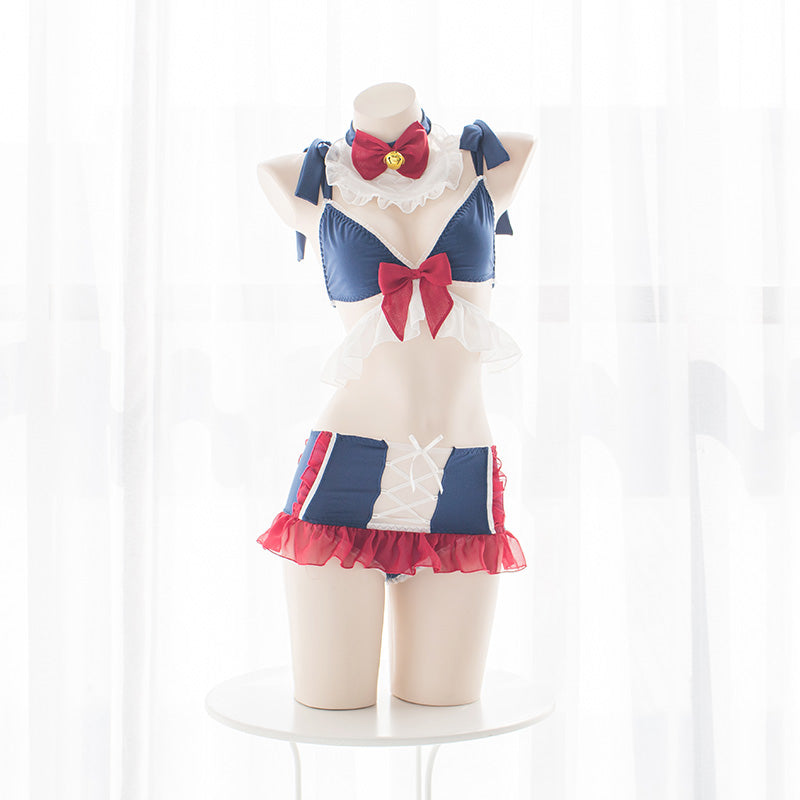 Sexy Japanese Kawaii Cat Flower Red Bow Maid Lingerie