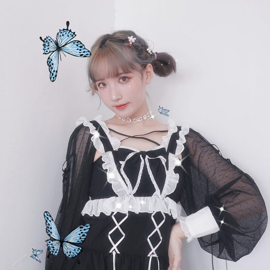 Sofyee Anime Kawaii Bow Japanese Black Maid Set