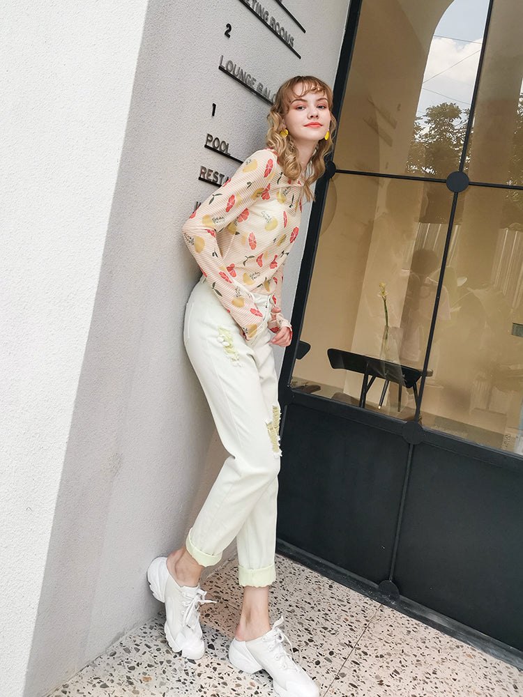 かわいい日本のボトムTシャツピンストライプハイストレッチメッシュプリント長袖
