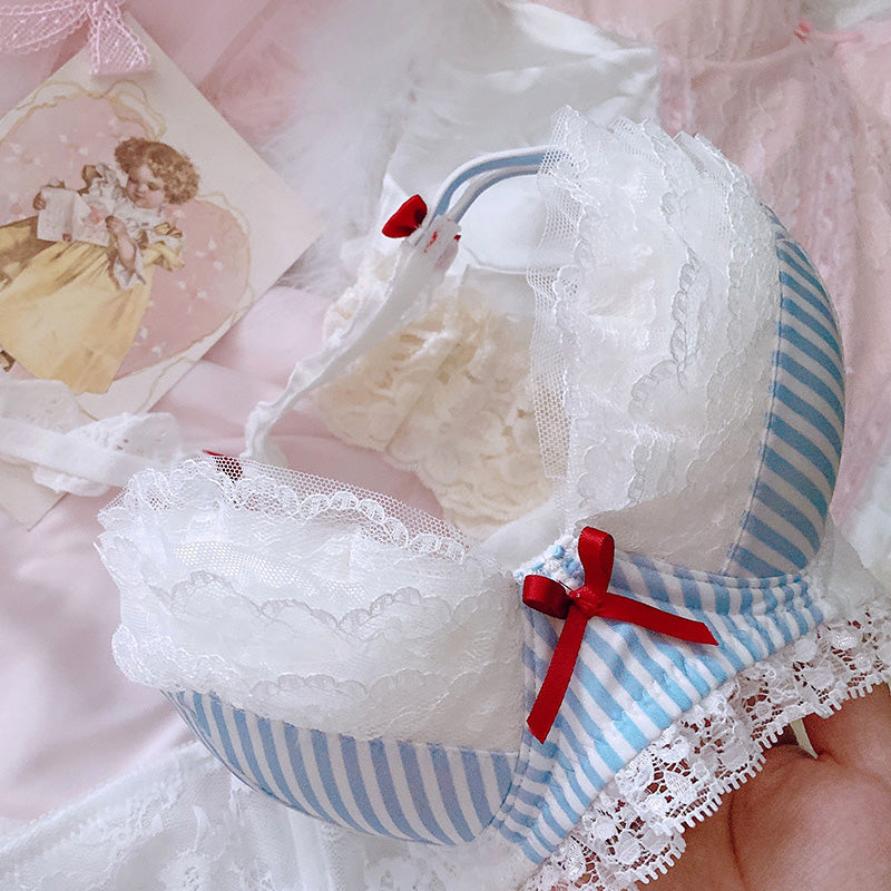 Japanese Girl Cute Sexy Blue Striped Cake Lace Plus Size Bra Set