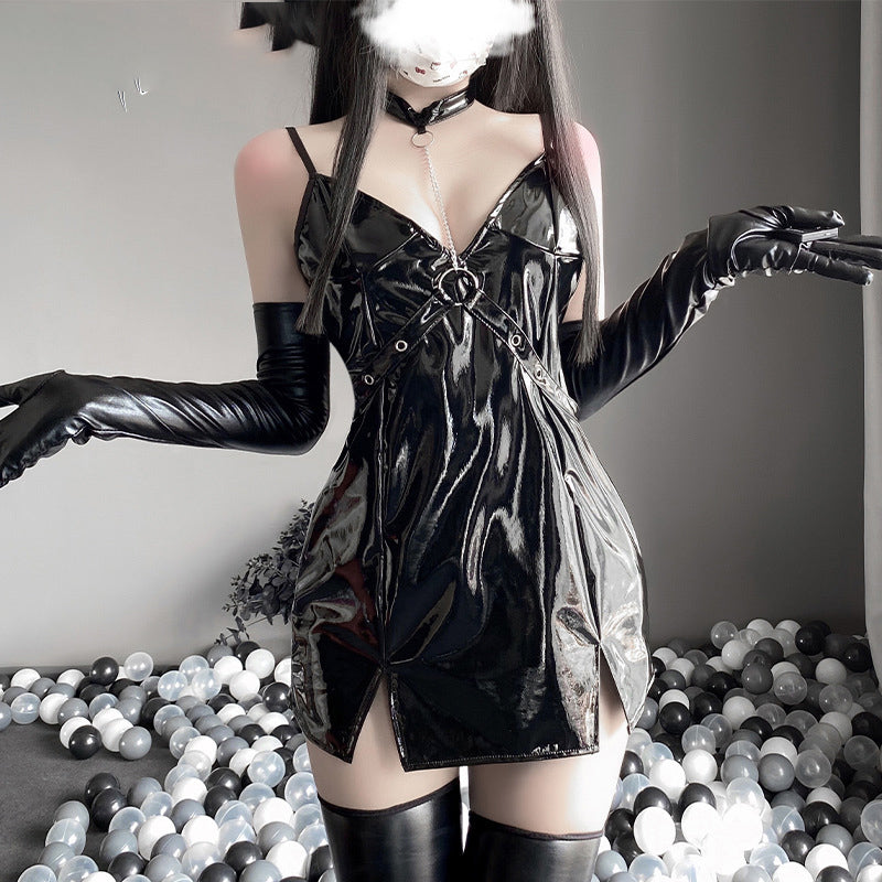 Sexy sling patent leather bag hip one-piece suit