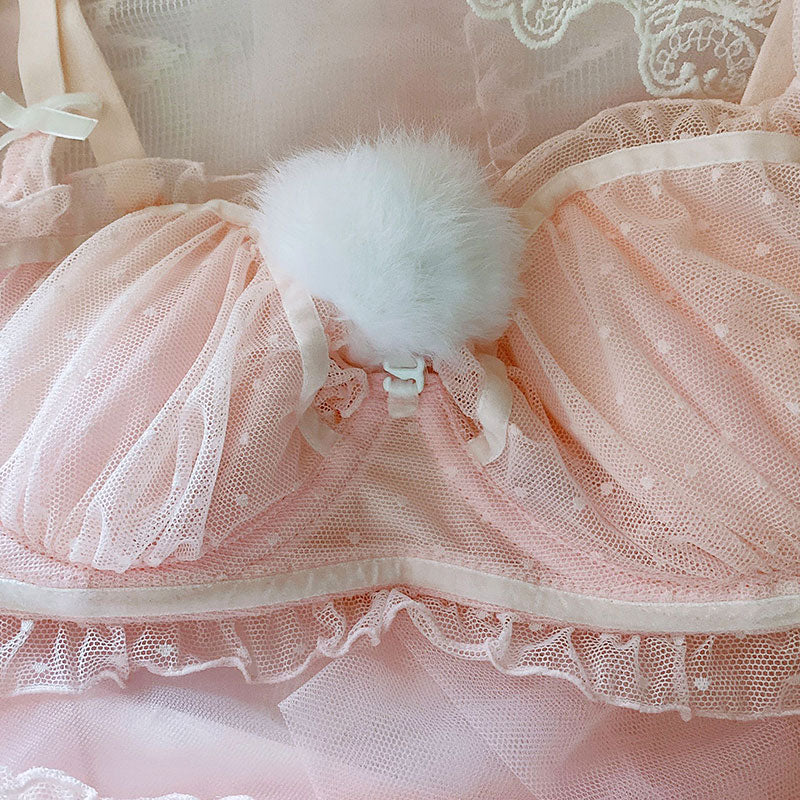 Sofyee  Japanese Cute Pink Furball Rabbit Tail Plus Size Bra Set