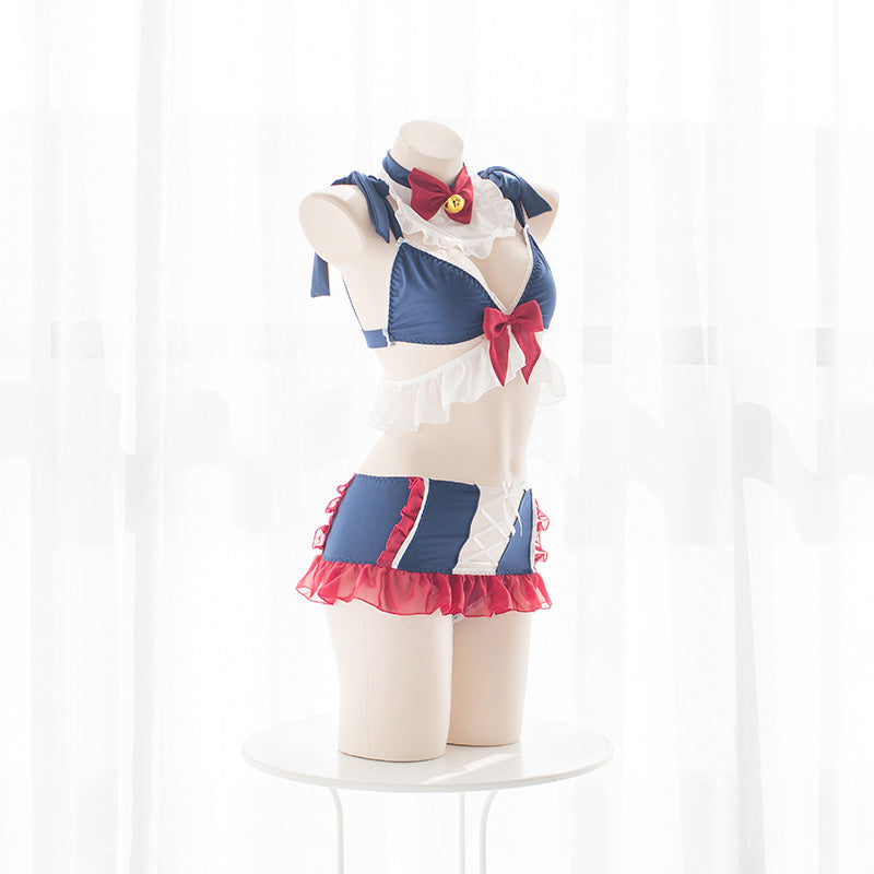 Sexy Japanese Kawaii Cat Flower Red Bow Maid Lingerie
