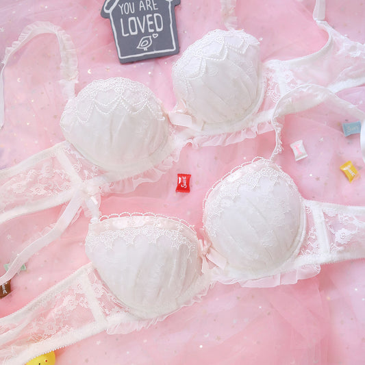Ruffle Blossom Lace  Embroidery Bras And Panty Set