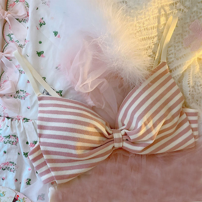 Sofyee Japanese Soft Girl BH-Set mit süßer rosa gestreifter Schleife, ohne Stahlring 