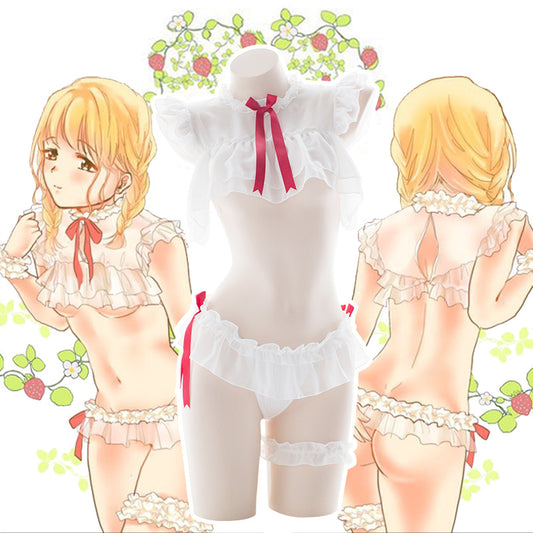 日本の女子高生の赤いリボンのシフォンセクシーでかわいいフリルアニメの透け透けランジェリーセット