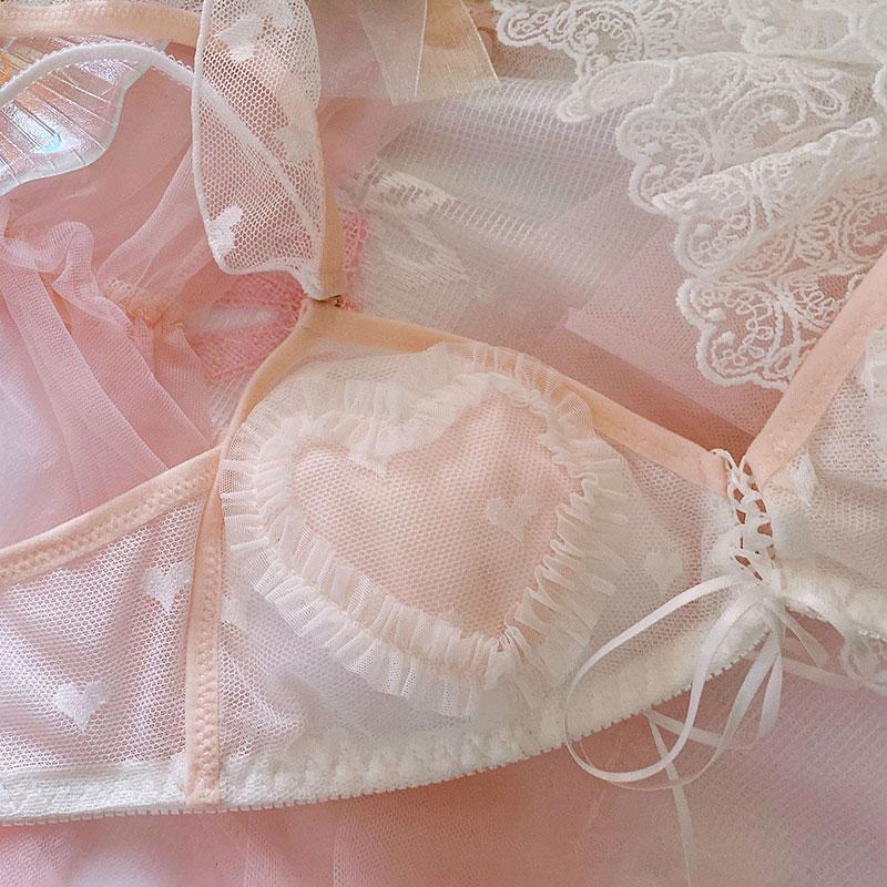 Japanese girl thin sweet cute sexy love mesh lace no steel ring triangle cup bra set