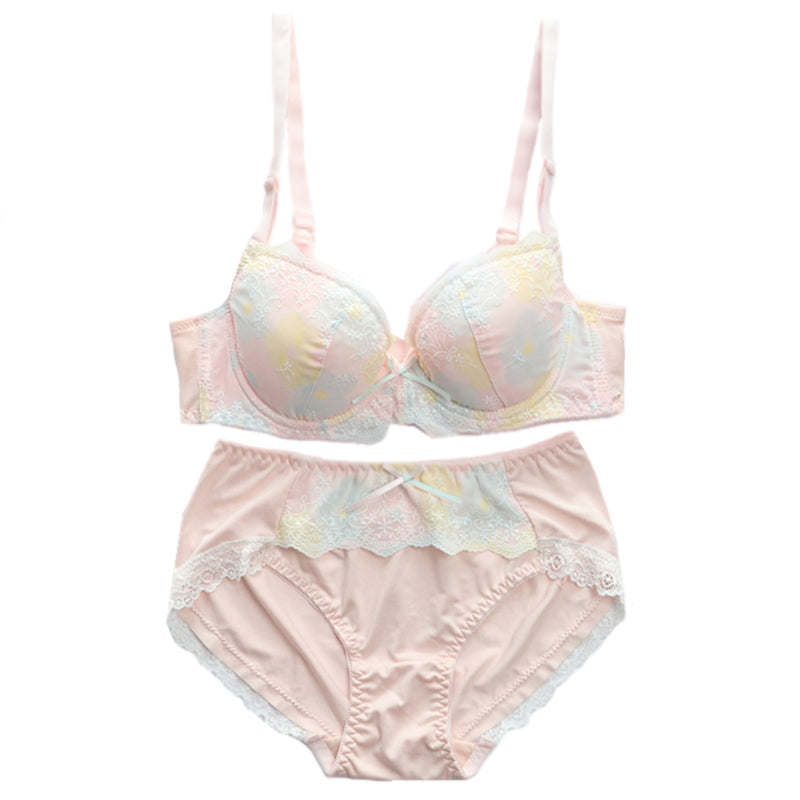 Pastel Pink Ruffle Lace Girly Dot Flower Sweetie Heart Bra Set