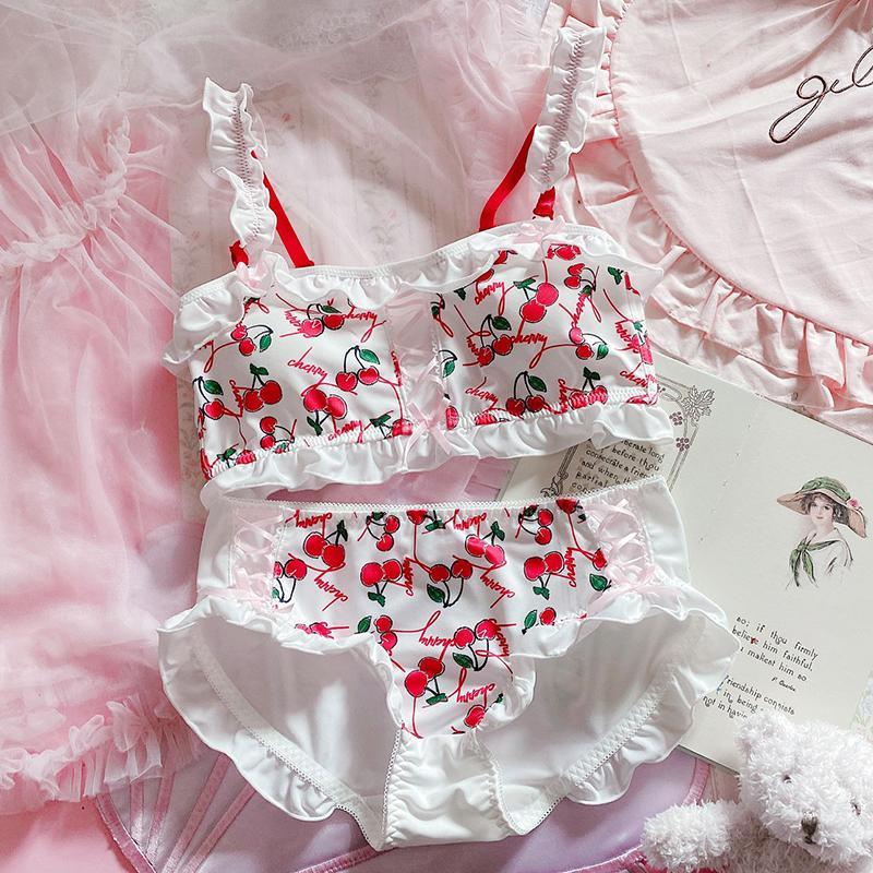 Cherry Ruffle Underwear Without Steel Ring Bra Set
