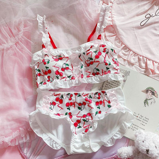 Cherry Ruffle Underwear Without Steel Ring Bra Set