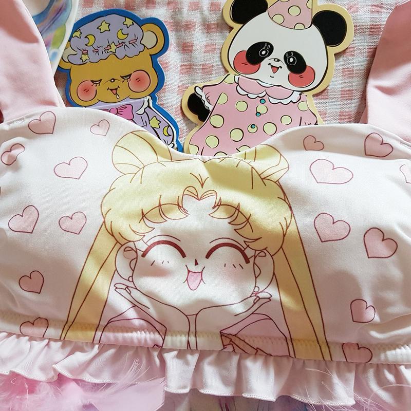 Japanese Soft Girl Sailor Moon Cute Pink Bunny Ears Tube Top Style No Steel Ring Bra Set