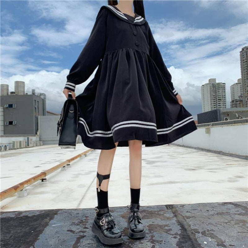 Dark sweet girl navy collar high waist slim long sleeve dress