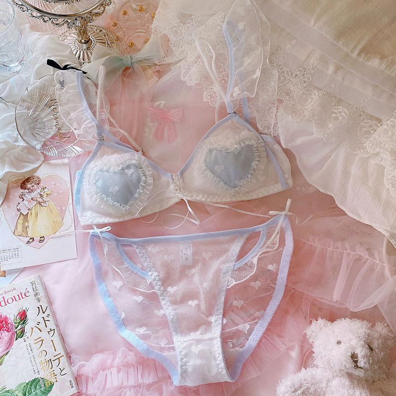 Japanese girl thin sweet cute sexy love mesh lace no steel ring triangle cup bra set