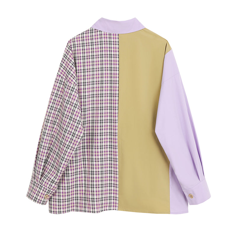 Plaid stitching contrast long-sleeved shirt