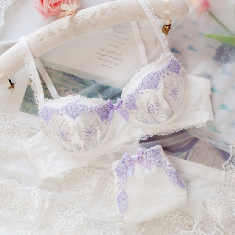 Japanese Dot Flower White Lace Wirefree Cute Sweet Bras And Panty Set