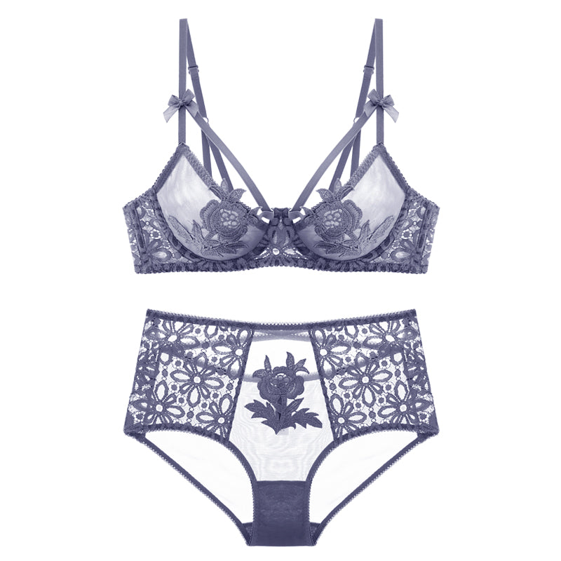 Flower Embroidered Unlined Demi Bra With Free Panty