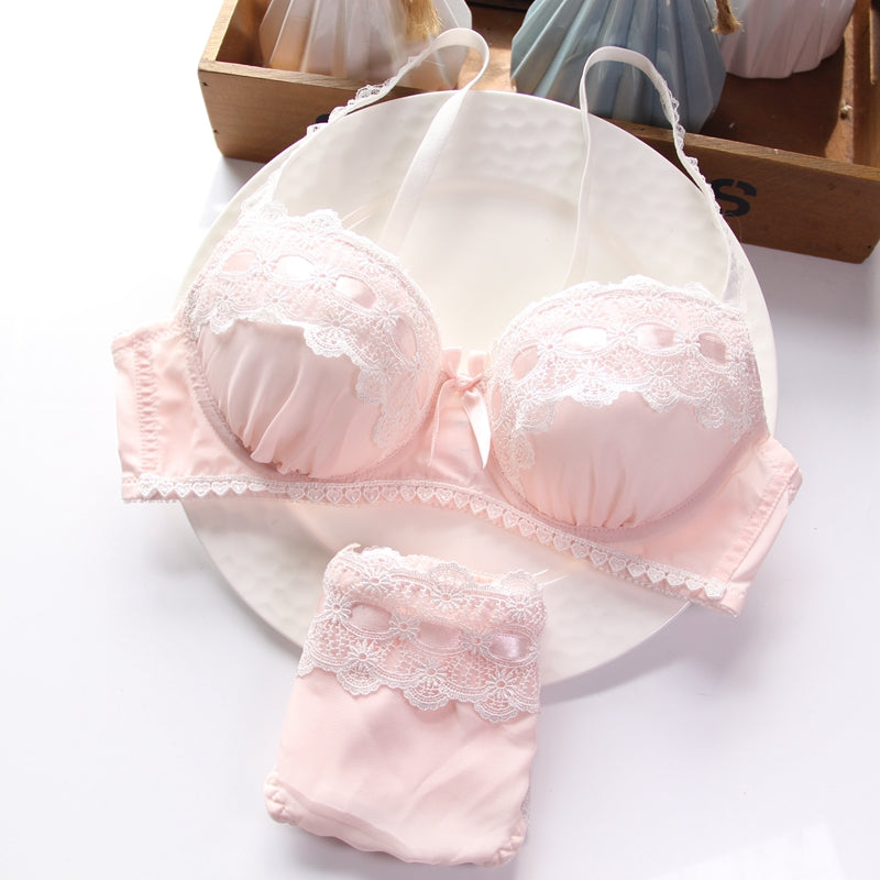 Japanese Dot Flower White Lace Wirefree Cute Sweet Bras And Panty Set