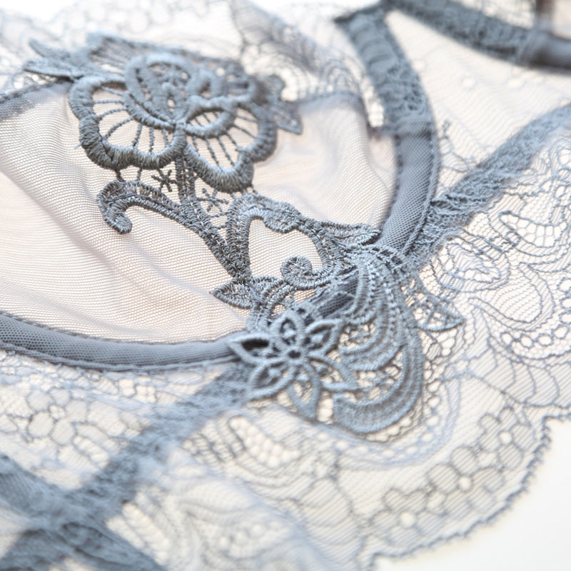 Flower Embroidered Unlined Longline Lace Demi Bra With Free Panty