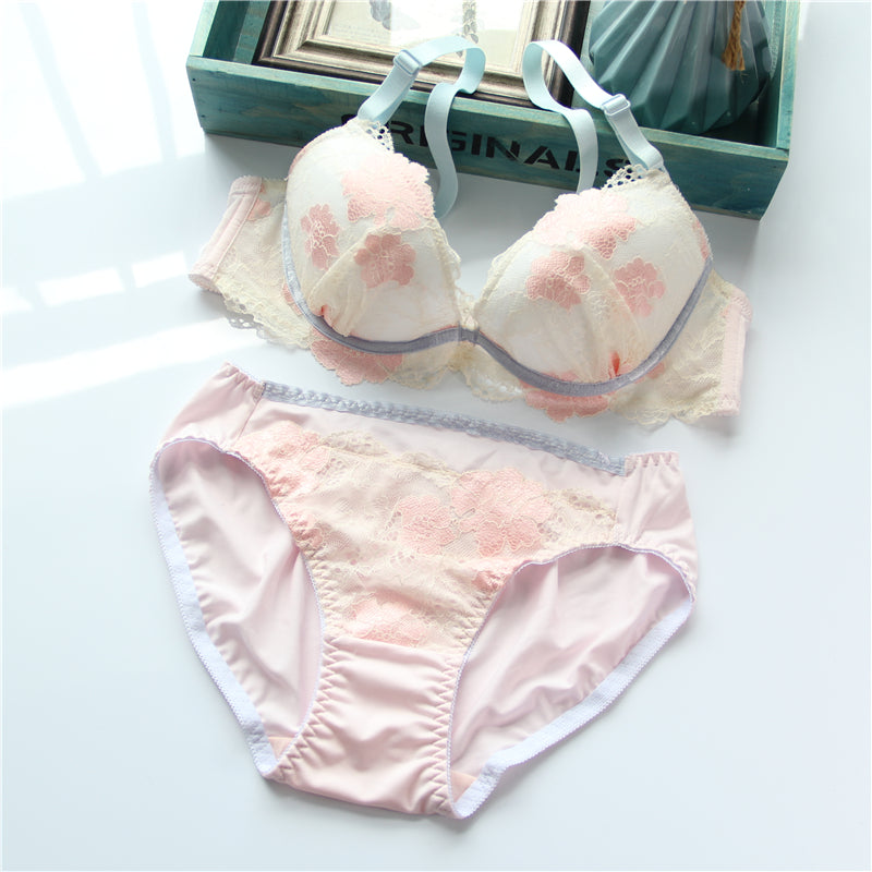 Girly Dot Flower Lace Sweetie Heart Wave Trimmed Bra Set