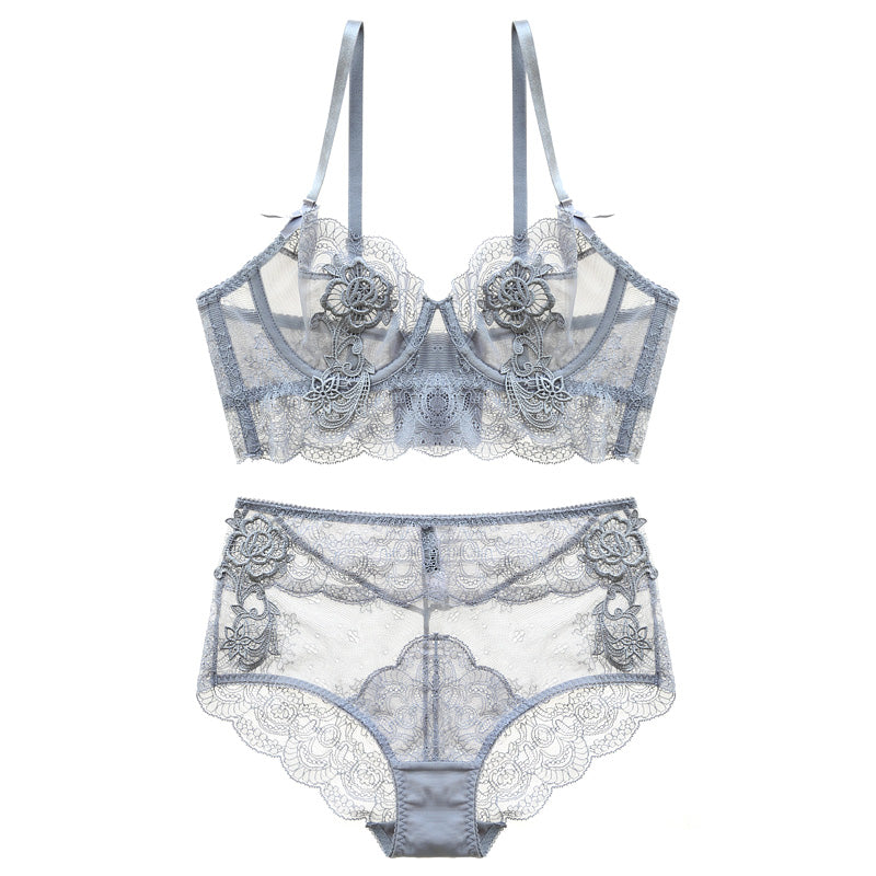 Flower Embroidered Unlined Longline Lace Demi Bra With Free Panty