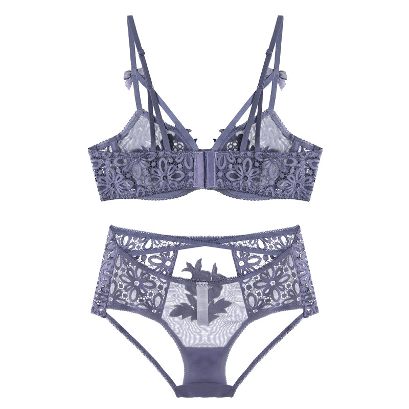Flower Embroidered Unlined Demi Bra With Free Panty