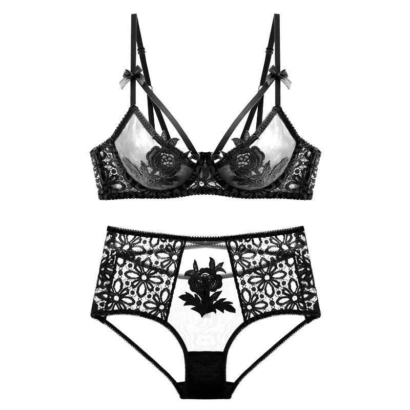 Flower Embroidered Unlined Demi Bra With Free Panty