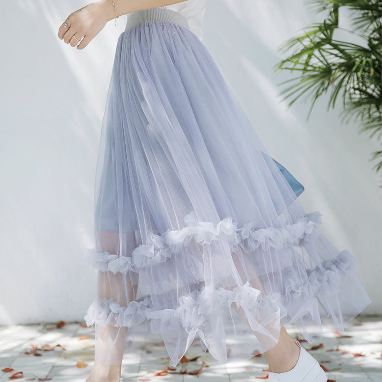 Pastel Korean Ruffle Flower Ulzzang Long Skirt