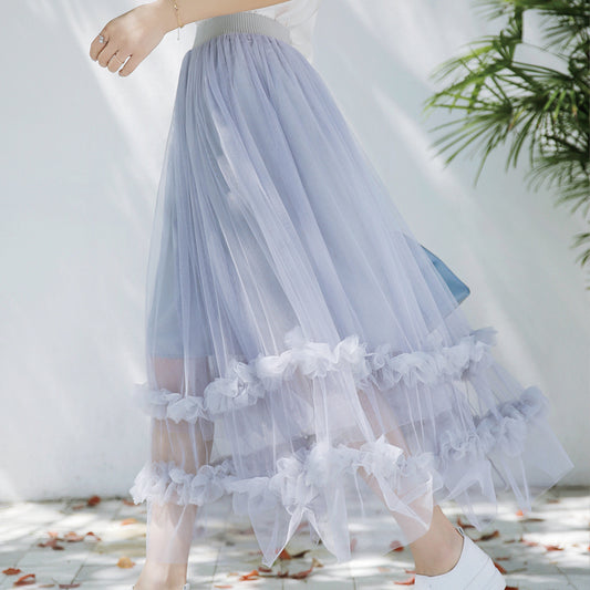 Pastel Korean Ruffle Flower Ulzzang Long Skirt
