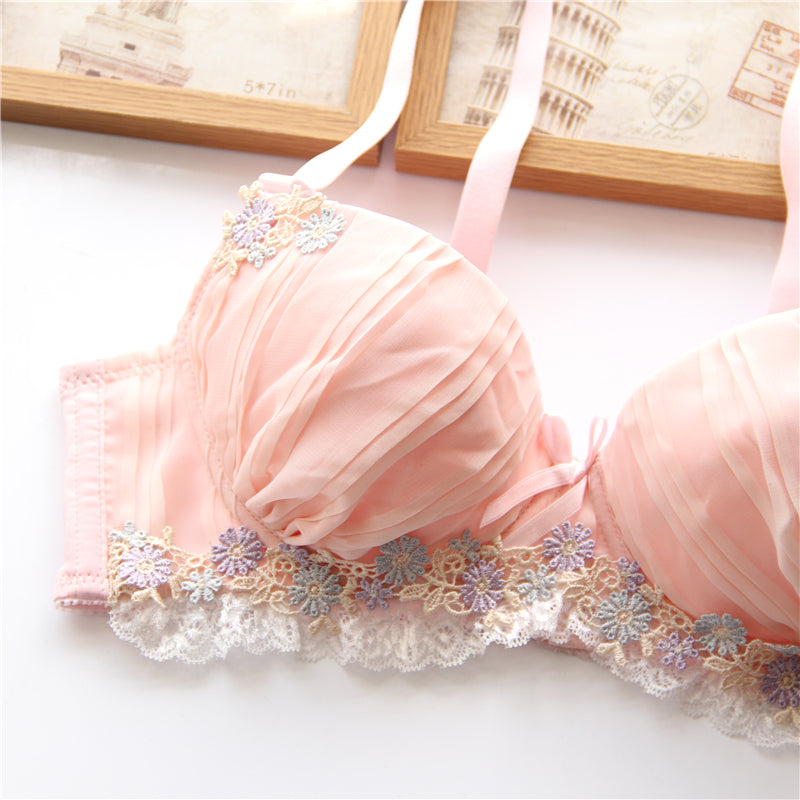 Green & Pink Candy Color Floral Japanese Cute Sweet Bras And Panty Set