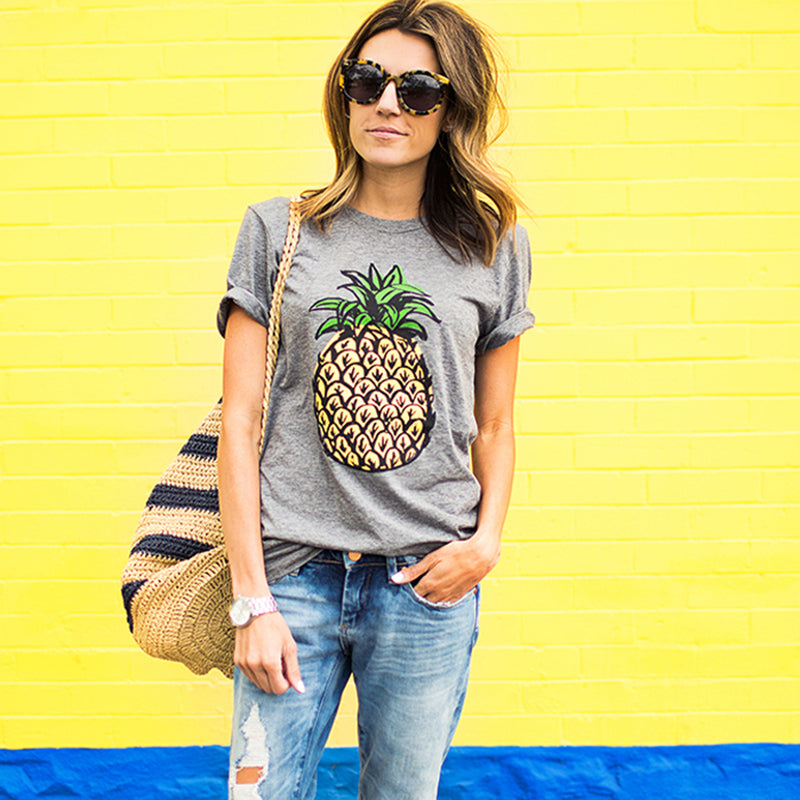 Hello Summer Pineapple Printed O-Neck T-Shirt