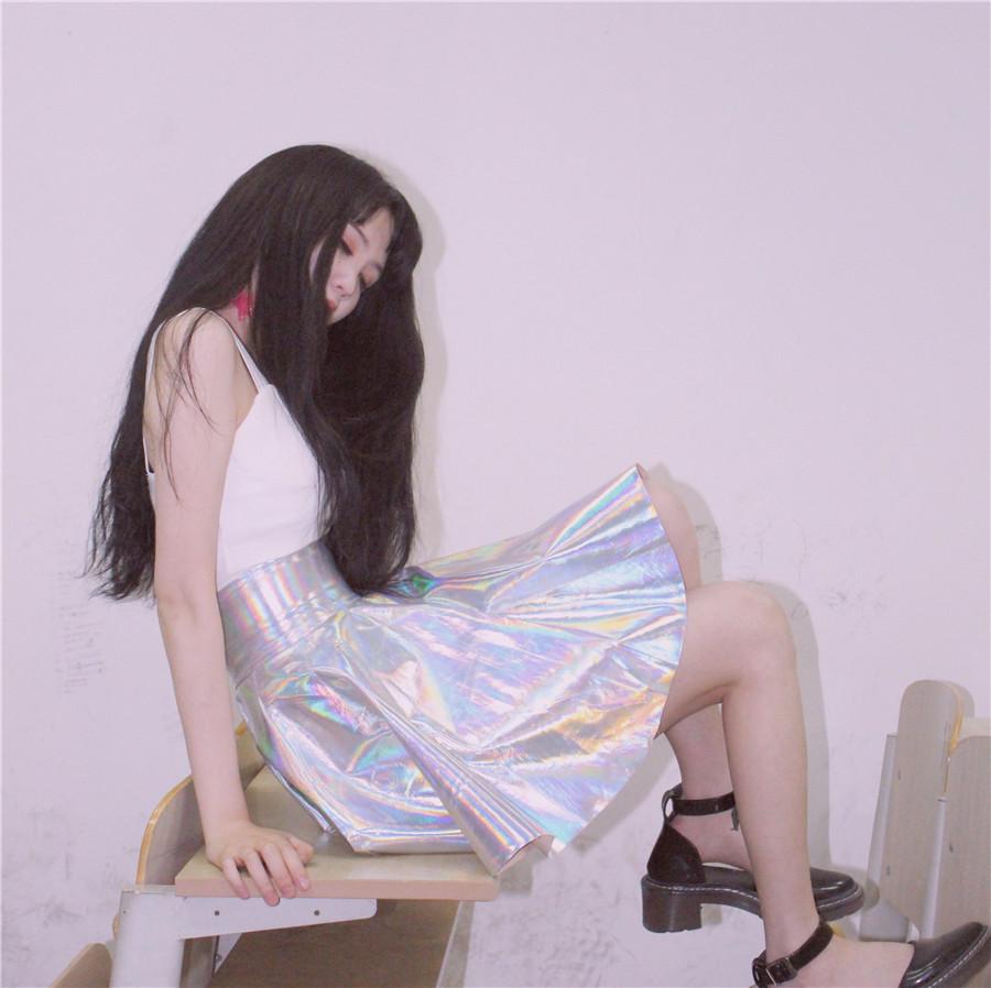 Ulzzang Vintage Harajuku Fluorescence Metal Silver Skirts 2018 Female Shiny Psychedelic Laser High Waist PU Puff Skirts