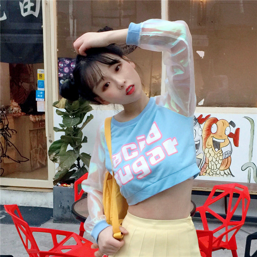 Harajuku Kawaii Patchwork Letter Laser Sleeves Ulzzang Shirt