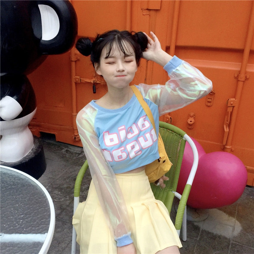 Harajuku Kawaii Patchwork Letter Laser Sleeves Ulzzang Shirt