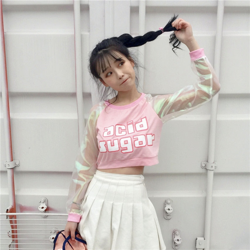 Harajuku Kawaii Patchwork Letter Laser Sleeves Ulzzang Shirt