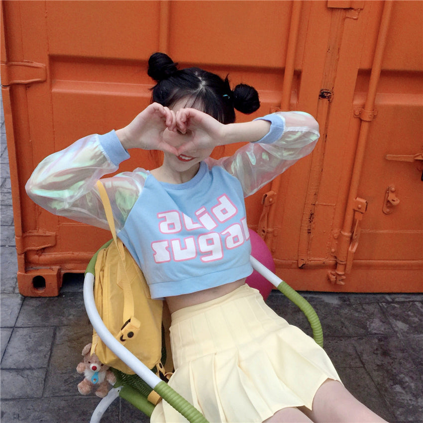 Harajuku Kawaii Patchwork Letter Laser Sleeves Ulzzang Shirt